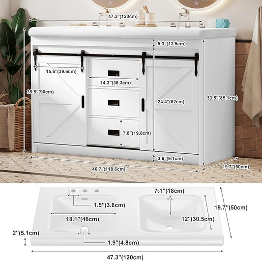 48" White Farmhouse Double Bathroom Vanity, 2 Ceramic Sinks, Freestanding with 2 Sliding Doors, 2 Drawers & Shelves, Actual 47.3" L x 19.7" W x 35.5" H