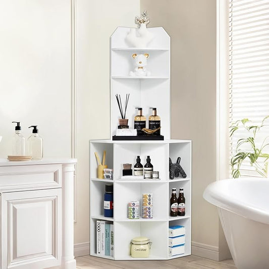 VEVOR 64" Tall Corner Storage Cabinet, 6 Tiers Wooden Storage Cabinet with USB Ports and Outlets & Adjustable Shelves, Freestanding Corner Cabinet for Living Room, Kitchen, Laundry Room, White