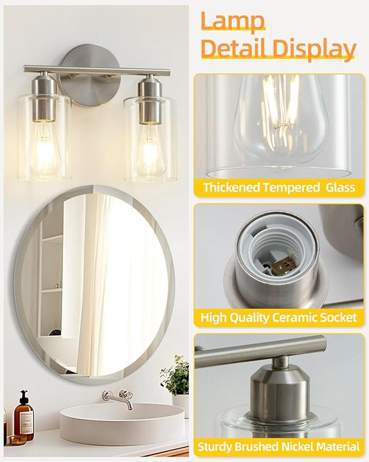 Bathroom Light Fixtures, 2-Light Brushed Nickel Vanity Lights, Modern Bathroom Lighting Fixtures Over Mirror with Clear Glass Shade, Wall Sconce Lighting for Bedroom Living Room
