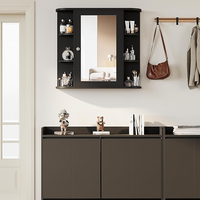 Shintenchi Bathroom Medicine Cabinet with Mirror, Wall Mounted, Black