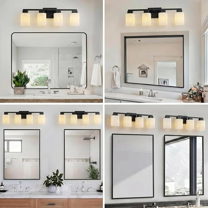 4-Light Square Bathroom Light Fixture, Black Modern Vanity Light with White Marble Glass Shade, for Bathroom Mirror, Living Room, Bedroom, Hallway, E26 Base
