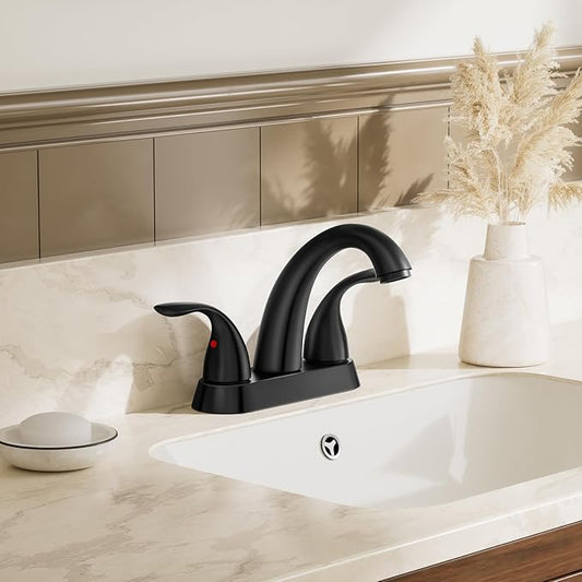 Phiestina 4 Inch 2 or 3 Holes 2 Handles Centerset Matte Black Lead-Free Bathroom Sink Faucet, Bathroom Faucet with Copper Pop Up Drain and Water Supply Lines, BF008-5-MB