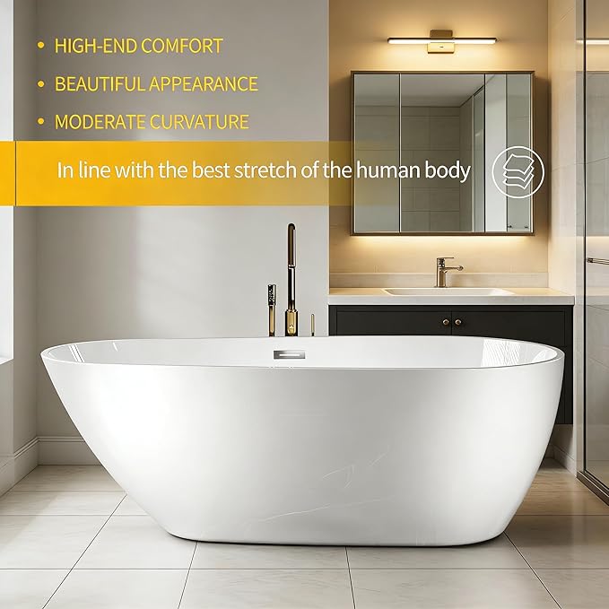 Garvee 67" Deep Soaking Bathtub, Non-Slip Acrylic Tub with Chrome Drain, cUPC Certified, Ergonomic Modern Bath for Bathrooms, Easy-Install, White Pearl