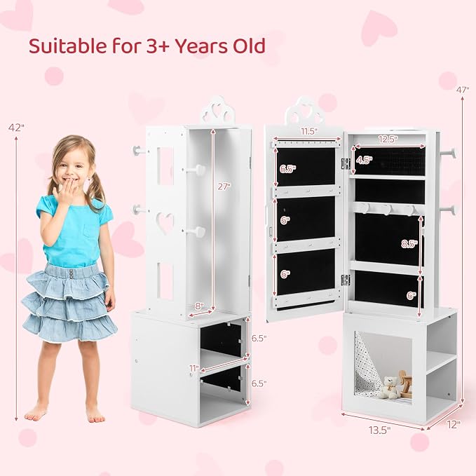 CHARMAID Kids Jewelry Cabinet Armoire, 47" Full Length Mirror, Coat Rack, Back Storage Shelves, Standing Vanity Dressing Mirror for Girls, Kids Jewelry Organizer (White)