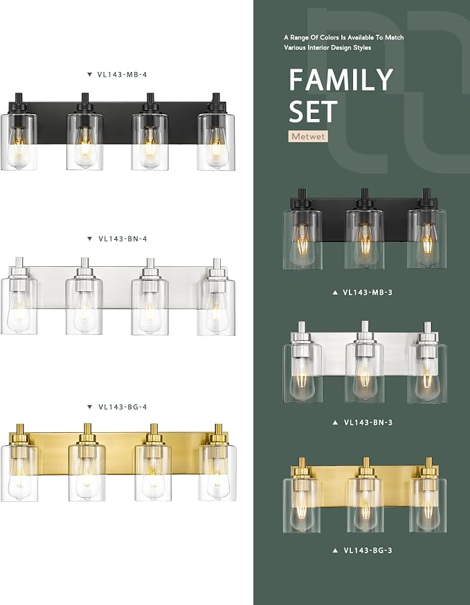 3-Light Brushed Nickel Bathroom Vanity Light, Clear Cylinder Glass | Ideal for 20-28" mirrors, 16.5" modern bathroom light fixtures over mirror, E26 base, bulbs not included, VL143-BN-3