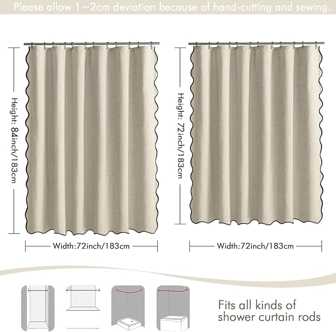 MIULEE 72"x84" Extra Long Scalloped Linen Shower Curtain Natural | Linen Textured, Waterproof, Washable, 12 Metal Hooks, Heavy Duty Cloth, Black Border, Shower Curtain for Bathroom Bathtub