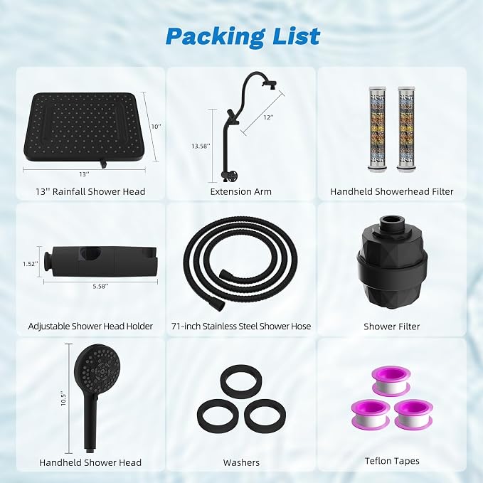 Hibbent 5-spray Dual Filtered Rainfall Shower Head with 10 Spray Handheld | High Pressure 13'' Showerhead Combo, Easy Reach 4-way Diverter Arm with Pause Mode, 71'' Hose & Holder, Matte Black