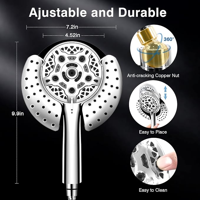 2 in 1 Shower Head with Handheld Combo High Pressure Silver 2.5 GPM | 7.2" Rain Showerhead and 10 Spray Hand Held Shower, Adjustable Shower Angle, 59-inch Rotatable Stainless Steel Hose