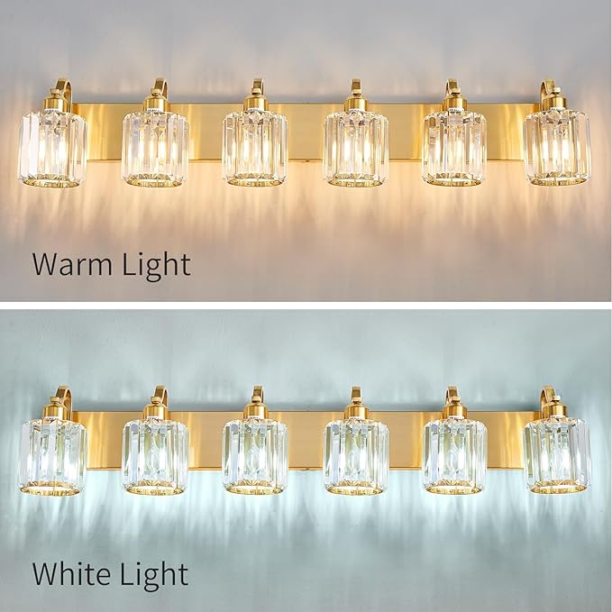 Modern Bathroom Vanity Light 6-Lights Brass Gold Vanity Light Crystal Wall Light Bathroom Light Fixtures with Round Shade (Exclude Bulb)