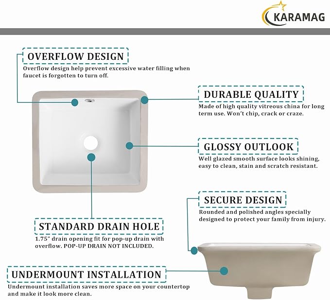 14 Inch Undermount Bathroom Sink Rectangle Small Undermount Sink White Ceramic Under Counter Bathroom Sinks with Overflow (14.0"x12.5")
