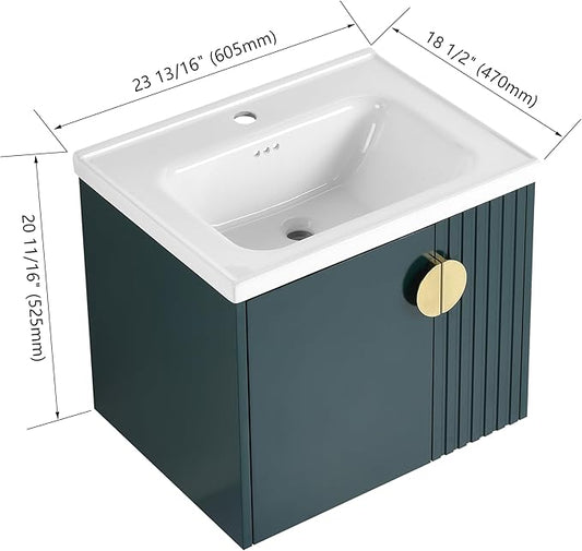 Malwee 24" Floating Bathroom Vanity with Sink, 24 Inch Single Sink Wall Mounted Bathroom Vanity, with 2 Doors and White Ceramic Basin Top, Green Cabinet Set with 3 Color Handles (081-24)