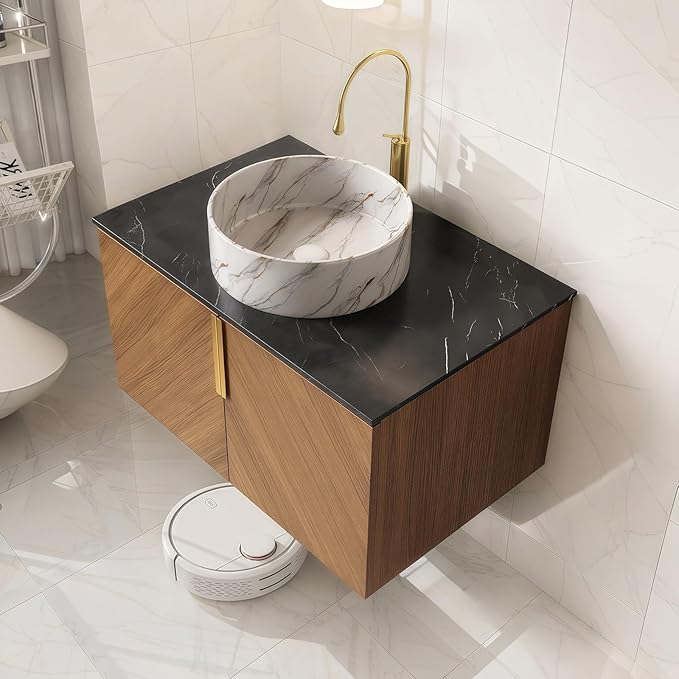 LKTART 30 Inch Bathroom Vanity with Sink, Modern Wall Mounted Bathroom Storage Cabinet with 2 Doors, Black Sintered Stone Countertop and White Round Ceramic Basin, Brown