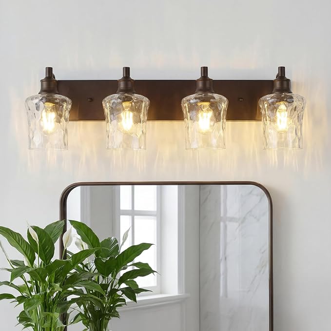 Bathroom Light Fixtures Farmhouse Oil Rubbed Bronze Vanity Lights for Bathroom Lighting Fixtures Over Mirror with Hammered Glass Lampshade for Cabinet Mirror Bedroom Hallway 4 Light