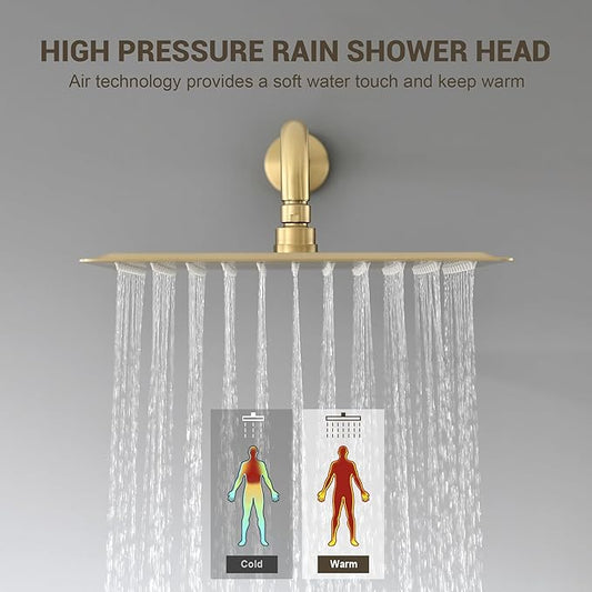 Shower Faucet Set - 12 inches Rain Shower System with 6 Function Handheld Shower Head Rough in Pressure Balance Valve Kit - Stainless Steel Bathroom Shower Kit Complete Brushed Gold