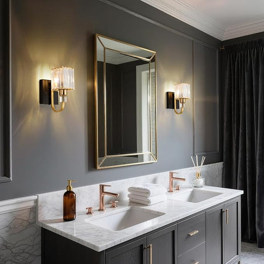 Modern Crystal Wall Sconce with Plug,Black Gold Wall Mounted Light Fixture, Plug-in Vanity Light with On/Off Switch for Bathroom Mirror, Makeup Area, Bedroom Decor