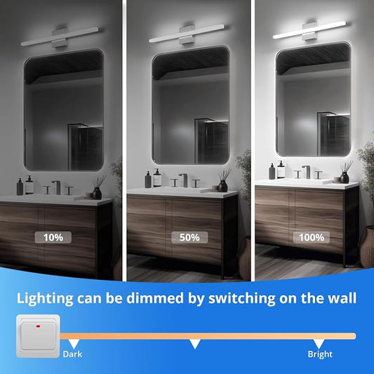 Modern Bathroom Vanity Light Fixtures, Chrome Wall Lamp Above Mirror | 24 Inch Long, Soft Shadow Free, Linear Design, Restroom Lighting Bar, IP44 Rustproof, Iluminación para Tocador, 3CCT Dimmable