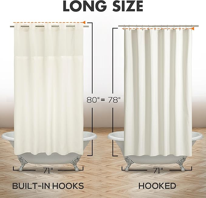 Long No Hook Slub Textured Shower Curtain with Snap-in PEVA Liner Set - 71" x 80"(78"), Hotel Style with See Through Top Window, Cream Fabric Curtain & Waterproof Liner, Sand,W71xH78 | Snap on/off Waterproof PEVA Liner, See Through Top Window, Slub Tex...
