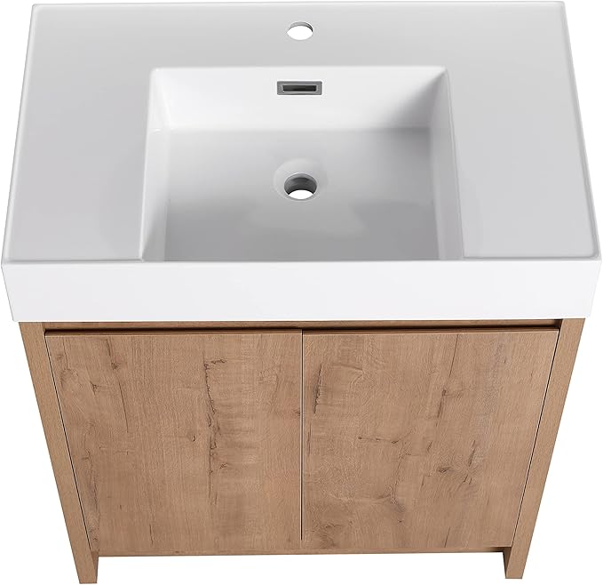 30 Inch Bathroom Vanity with Sink, 30" Mordern Freestanding Bathroom Vanity, Bathroom Single Sink Vanity Combo, Brown Floor Stand Bath Cabinet Set with Soft-Closing Doors, Adjustable Shelf (03630MA)