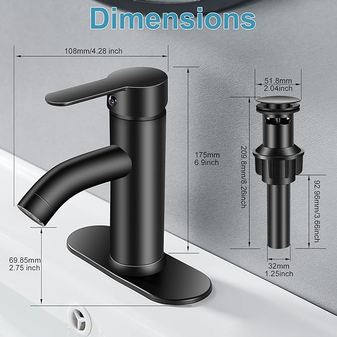 Black Single Hole Bathroom Faucet Black Vanity Faucet for Bathroom Sink 1 Hole or 3 Hole for Modern RV Sink with Pop-up Drain and Deck