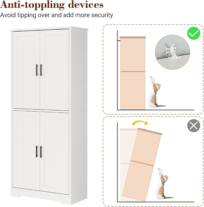 IDEALHOUSE Pantry Cabinet,70" Tall Kitchen Pantry Cabinet with 4 Doors and 3 Adjustable Shelves, Freestanding Cupboard, Modern Storage Cabinet for Bathroom, Dining Room, Living Room (White)