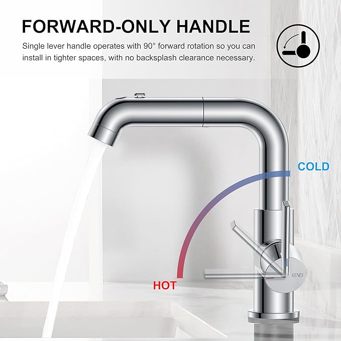 Pull Down Bathroom Faucet 1 Hole, Chrome Single Handle Vanity Faucet | Pull Out Bathroom Faucet with Pop Up Drain & 6 Inch Deck Plate, Lead-Free cUPC & NSF Certified, 1 Hole Faucet for Vanity RV