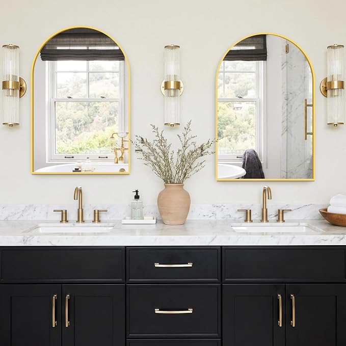 FGU Arched Bathroom Mirror for Over Sink 30"x20" Gold Vanity Mirror | Wall Mounted, HD Tempered Shatter-Proof Glass, Rust-proof Arched Metal Frame, Arch Mirror for Bedroom, Living Room, Entryway
