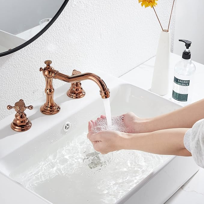 GGStudy 8-16 inch Two Handles 3 Holes Widespread Bathroom Sink Faucet Copper Basin Mixer Tap Faucet Matching Metal Pop Up Drain with Overflow
