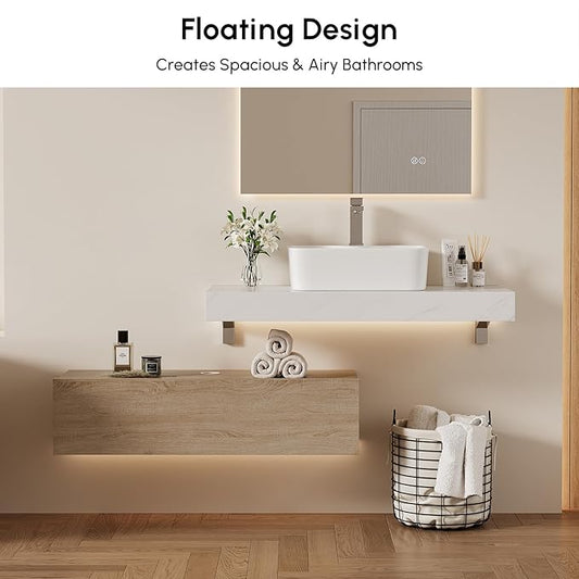 homary 35'' Floating Bathroom Vanity with Sintered Stone Countertop, Wall-Mounted Bathroom Cabinet with Ceramic Sink & Drawer Storage, Waterproof Modern Single Vanity, Natural