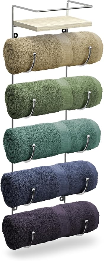 Sorbus Bathroom Towel Holder - 5 Tier Metal Towel Rack with Wood Shelf for Rolled Bath Towels, Washcloths, Linens, Hand Towels, Soaps & Accessories - Wall Mounted Towel Rack for Bathroom Towel Storage