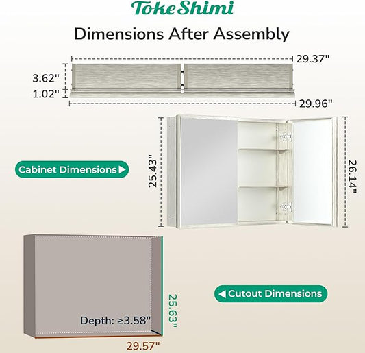 TokeShimi 30 x 26 Medicine Cabinet Mirror for Bathroom, Assembly Required, Nickel Recessed Medicine Cabinet with Mirror, Stepless Adjustable Shelves, Beveled Aluminum Frame, Tempered Glass