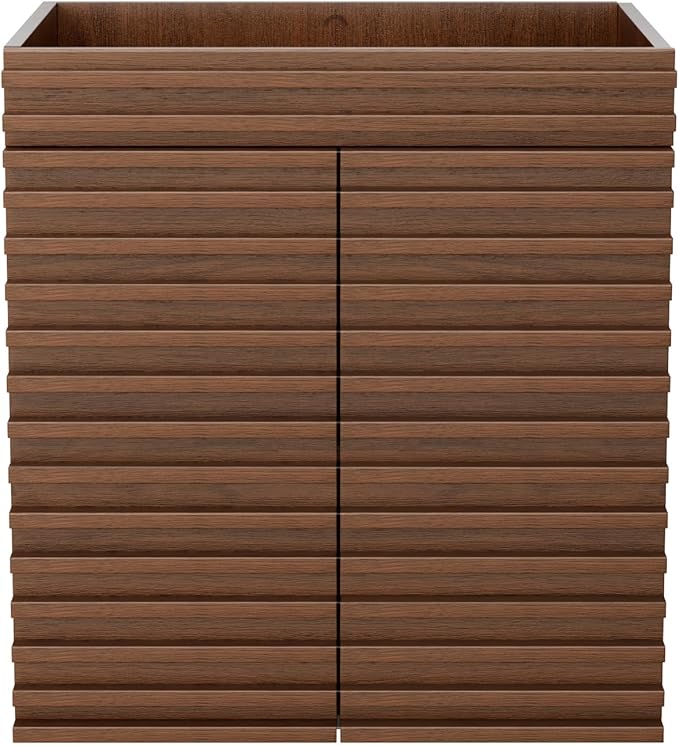 ROOMTEC 24" Bathroom Vanity, Mid-Century Wall Mounted Floating Cabinet with 2 Closing Doors, Wood Grain Texture, Walnut (Sink Basin Not Included)