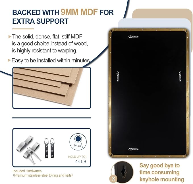 30"x48" Brass Gold Bathroom Mirror, Large Wall Mirror for Bathroom, Rounded Rectangle Mirror in Premium Stainless Steel Metal Frame Hangs Horizontal Or Vertical (Brushed Gold)