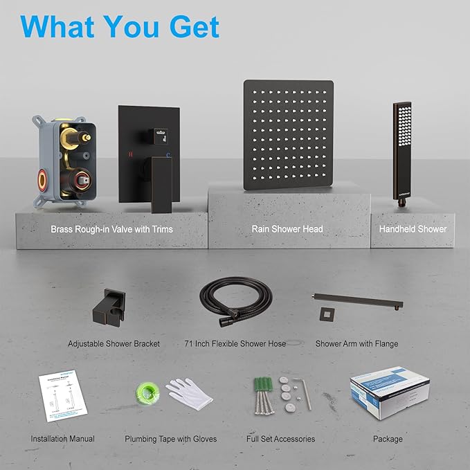 EMBATHER Oil Rubbed Bronze Shower System-12 Inches Shower Faucet Set with Square Rain Shower Head and Handheld High Pressure Shower Combo Set for Bathroom Wall Mounted (Contain Rough-in Valve & Trim)