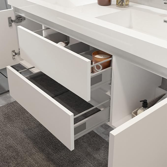 Vanity Art LED Lighted 60 Inch Double Sinks Wall Mounted Bathroom Vanity Set 2 Drawers 4 Shelves Storage Cabinet White Engineered Stone Top Undermount Rectangle Sinks with Sensor Switch