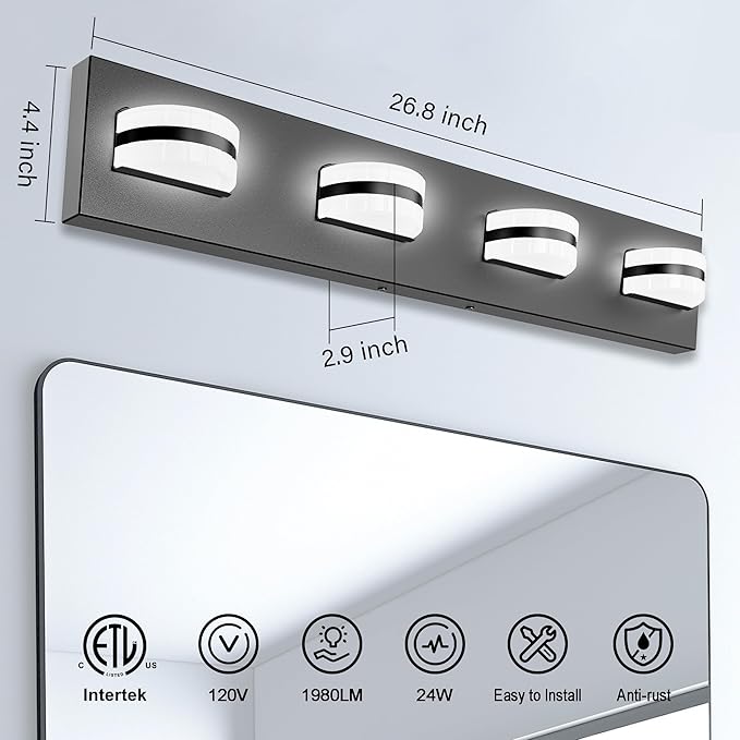 LED Bathroom Vanity Light, 360°Rotatable, Nature White 5000K 4Light, Black Modern Matte Bathroom Lighting Fixtures, Over Mirror Vanity Lights ETL Certified