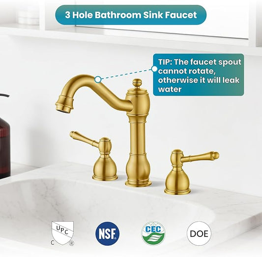 gotonovo 8 Inch Widespread Bathroom Faucets for Sink 3 Hole 2 Lever Handle Deck Mount with Pop Up Drain Hot and Cold Water Supply Lines Brushed Gold