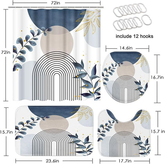 Bathroom Sets with Shower Curtain and Rugs, 4 Pcs, Boho Leaves | Minimalist Plant Abstract Bathroom Decor Set with Toilet Lid Cover, Non-Slip Bath Mats and Accessories 12 Hooks