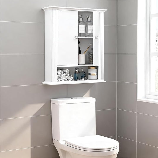 White Bathroom Wall Cabinet, Over the Toilet Storage Cabinet, Bathroom Cabinet Wall Mount, 2 Doors & Hooks, Medicine Cabinet Organizer, Hanging Wall Cabinet Cupboard for Kitchen Laundry Room White