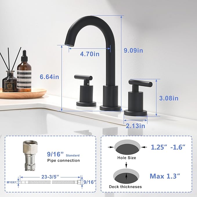 Two Handle Widespread Bathroom Sink Faucet - 3 Hole Vanity Faucet with Pop-Up Drain & cUPC Faucet Supply Lines, 8 Inch Black Bathroom Sink Faucet