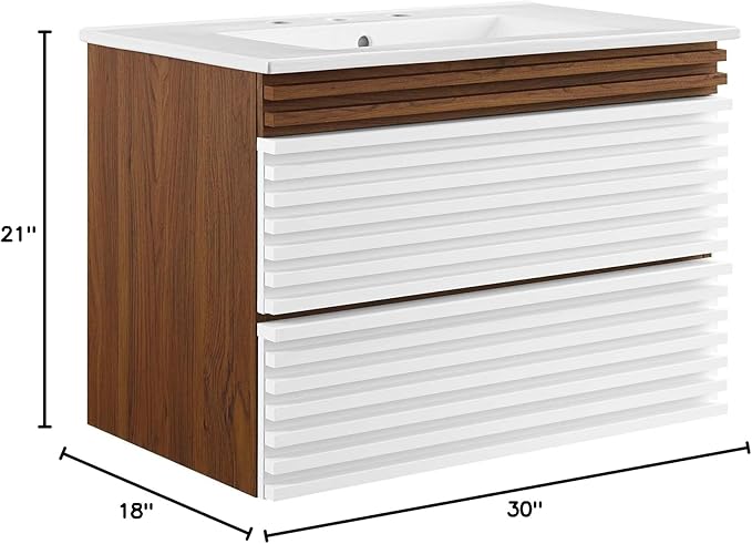Modway EEI-5421-WHI-WAL-WHI Render 30" Wall-Mount Bathroom Vanity, White Walnut White