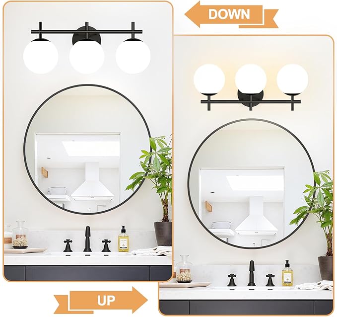 MOKATNG 3-Light Bathroom Light Fixtures with Milky White Glass, Matte Black | 19.3 inch Vanity Lights for Bathroom, Bathroom Lighting Over Mirror, Wall Sconce, Fits E12 bulbs(Bulb Not Included)