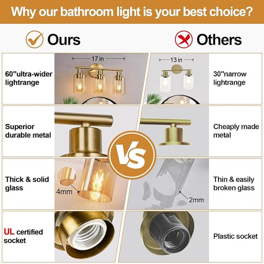 Zarbitta 3-Light Bathroom Light Fixtures, Brushed Gold Vanity Light, Farmhouse Wall Lights with Amber Glass Shades, Bathroom Wall Lamp for Mirror Kitchen Bedroom Hallway Living Room