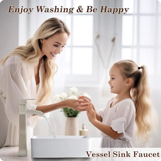 Brushed Nickel Bathroom Vessel Sink Faucet, 12 Inch Brass Waterfall Tall Bathroom Faucet 1 Hole with Drain, Single Handle for Countertop Vanity Modern Retro Farmhouse Bowl Sink, 5 Mins Install