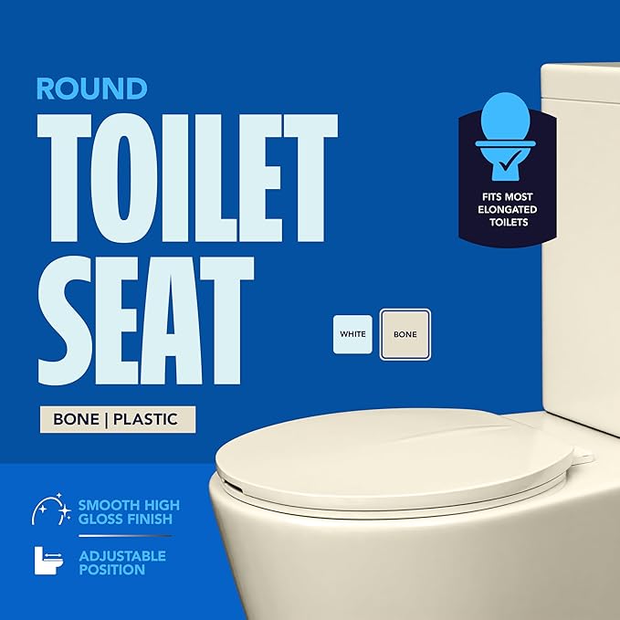 HIGHCRAFT Premium Round Toilet Seat with Adjustable Hinges - Molded Plastic Toilet Seat - Fits Standard Round Toilets - Round Seat in Bone/Beige