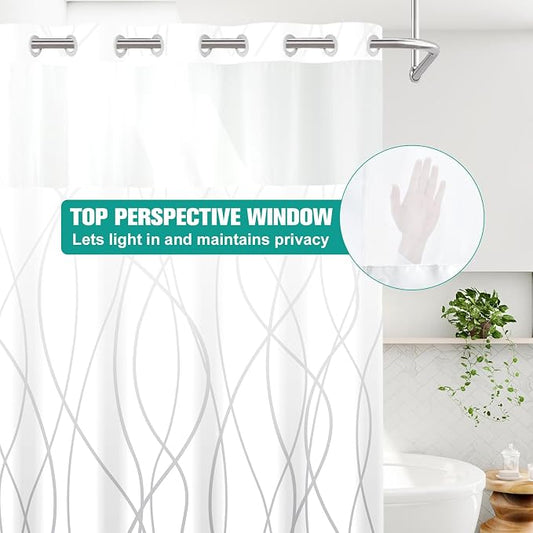 Ombre Grey White No Hook Shower Curtain with Liner, 71 x 86 Inch | Stripe Pattern,Waterproof,Quick Dry,Mesh Top Window,Bottom Magnets,Hotel Style,Machine Washable,Modern,for Bathroom