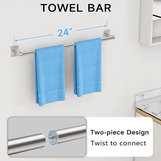 KLJKPA Brushed Nickel Bathroom Accessories Set, 4 PCS Bathroom Hardware Set | 24 inch Towel Bar, Towel Racks for Bathroom, Robe Towel Hooks, Toilet Paper Holder Wall Mounted