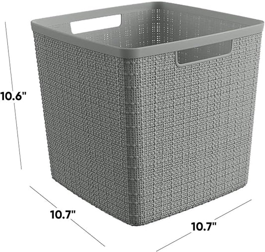 Curver Set of 4 Large Cube 17L Jute Decorative Plastic Organization and Storage Baskets - Perfect Bins for Home Office, Closet Shelves, Kitchen Pantry and All Bedroom Essentials, Grey