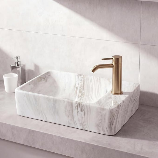 JONATHAN Y Felix 15" Wall Mounted Sink, Right Faucet, Grey Marble Effect | Mini, Ceramic, 8.5" Depth, Matte Finish, Mini Bathroom Basin, Minimalist Style, Stain Resistant, Center Drain