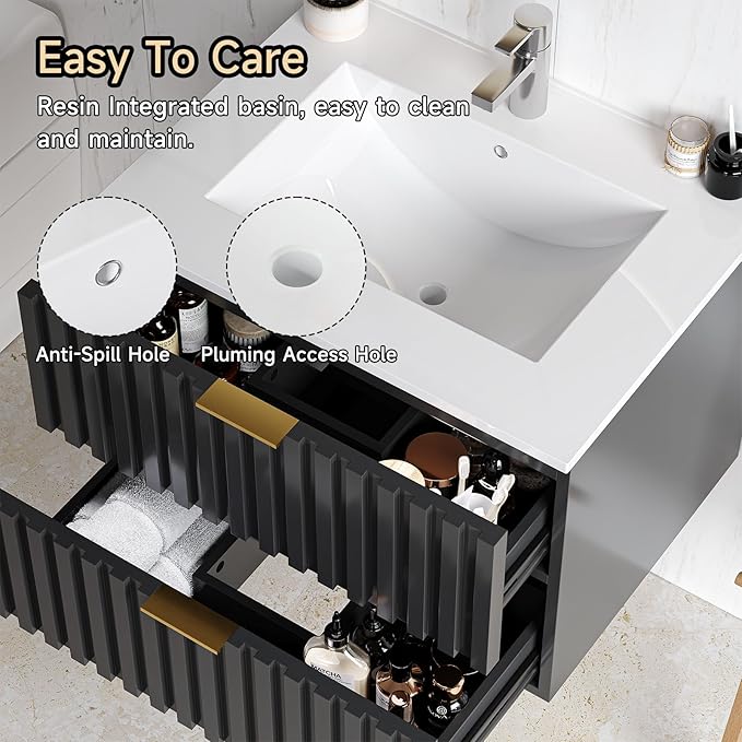 ONBRILL 24 Inch Bathroom Vanity with Sink Combo, Floating Bathroom Vanity with 2 Fluted Drawers & Metal Handle, Modern Wall Mount Storage Cabinet with Ceramic Integrated Sink for Small Space (Black)