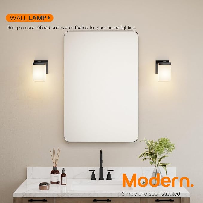 Wall Lights Matte Black Bathroom Vanity Lighting Fixtures Over Mirror with White Frosted Glass Shade, Wall Lamps for Porch Entrance, 2 Pack T003MB-L1-P2